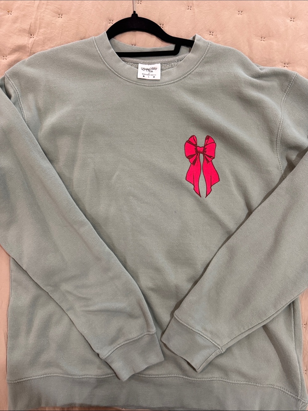 Crewneck Sweatshirt with Pink Bow Graphic - Women's Sage Green